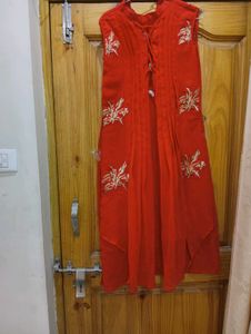 Red Embroidered Sleeveless Kurti