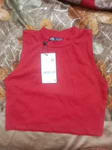 Zara Red Ribbed Cropped Tank