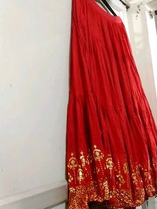 Red Cotton Skirt With Border In Bottom Pure Cotton Fabric With Inner Cotton Lining