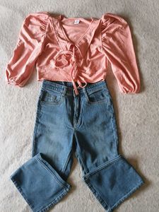 🎉 Combo Pink Top And Bootcut Blue Jeans