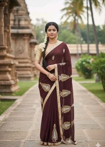 Embroidered marron Saree attach bouse Pisce