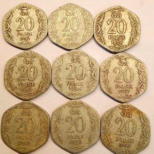 Set of 9 Yearwise Vintage 20 Paise Coins