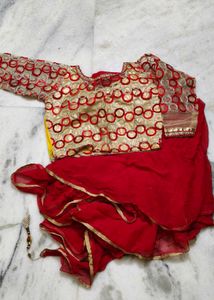Red saree with stitched blouse