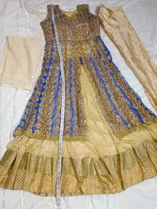 Elegant Blue &amp; Gold Embroidered Anarkali Suit