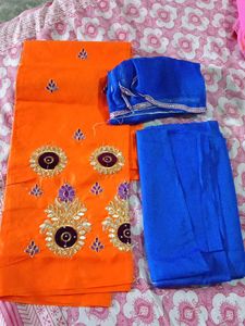 Orange & Blue Embroidered Salwar Suit Material