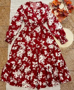 Maroon Floral Print Dress