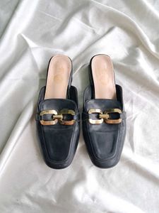 Black Mules with Gold Detail