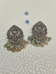 Silver Tone Peacock Jhumka Earrings