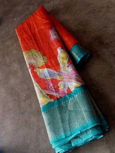 Orange Saree with Scenic Bird & Tree Print