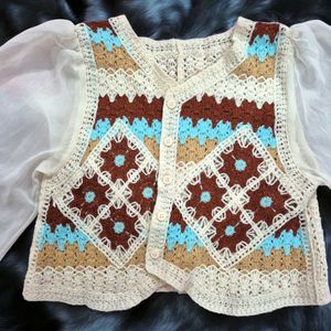 Unique Boho Crochet &amp; Chiffon Sleeve Top