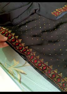 New Gorget Black N Red Stone Work Saree