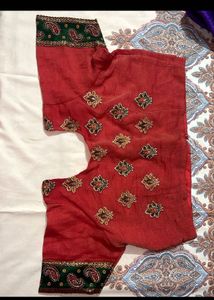 Rust &amp; Green Border Embroidered Saree