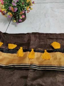 Brown Tussar Silk Saree with Tassels