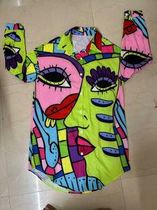 Abstract Face Print Button-Down Shirt