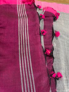 Saree With Grey Body &amp; Pink Palla And Border
