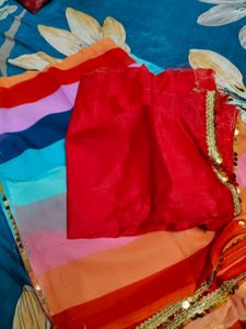 Colorful Striped Saree With Golden Zari Border