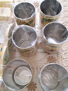 Brand New Steel Glass Set Of 6 With Wooden Tray