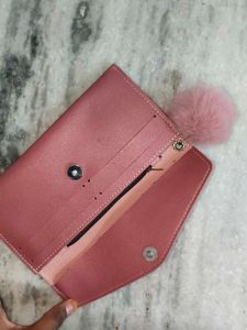 Pink Studded Wallet with Pom-Pom