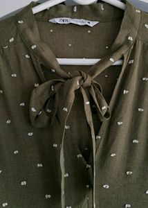 Zara Olive Green Tiered Tie Neck Dress