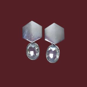 Silver Hexagon & Crystal Drop Earrings