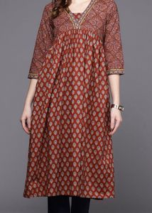 Rust Red Ethnic Printed A-Line Kurti