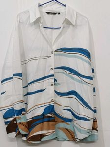 Oversized White Button-Down Shirt with Abstract Bl