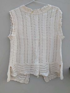 Cream Crochet-Knit Sleeveless Shrug Top