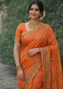 Elegant Orange Embroidered Saree
