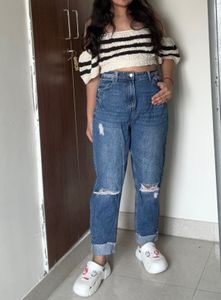 High Waisted Blue Ripped Jeans