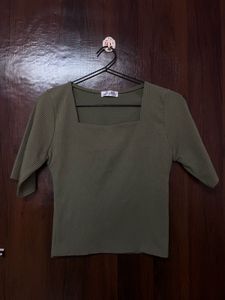 Ribbed Olive 3 4 Sleeves Top