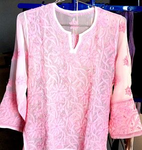 Women Chikan Georgette A-line Kurta Pink