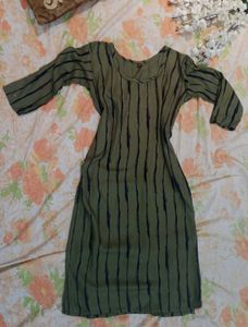 Unused Olive Green Striped Kurta, Size - L