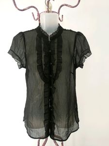 Black Semi Sheer Button Up Ruffle Top