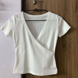 White Ribbed Wrap design Top