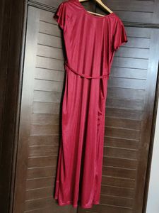Women Red Satin Lace Nighty With Robe