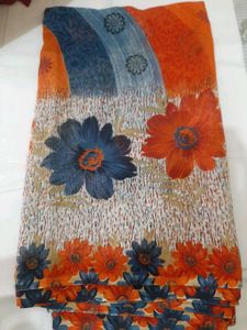 72)New Orange Blue Printed Saree