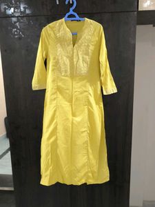 Yellow Kurti With Golden Lace Detailing