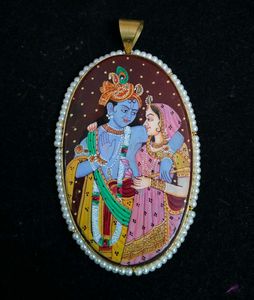 Radha Krishna Hand Painted Semi Precious Pendant
