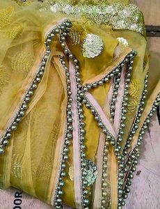 Golden Beaded Lacework Partywear Saree Blouse