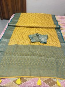 Elegant Yellow Saree with Blue Brocade Border- New