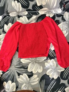 Red Smocked Off-Shoulder Top
