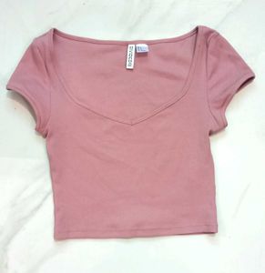 Pink Ribbed V-Neck Crop Top