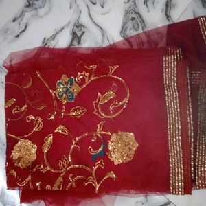 Embroidered Maroon net saree