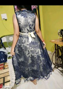 Blue Floral Illusion Neckline Dress