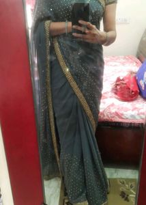 Elegant Grey &amp; Gold Saree