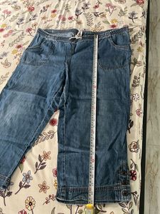 Denim Blue Capri Pants with Button Detail