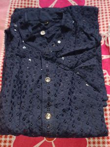 Navy Blue Embroidered Chikankari Kurta With Pajama