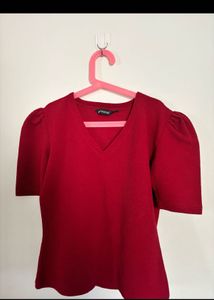 Red Puff Sleeve V-Neck Top