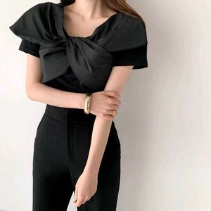 Women Black Cross-Knot V-Neck Top