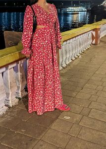 Women Red Crepe V-Neck Floral Print Maxi Dress